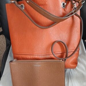 Calvin Klein Orange and Brown Tote Bag And Wristlet Set